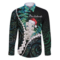 New Zealand Personalised Family Matching Puletasi and Hawaiian Shirt Meri Kirihimete Kowhaiwhai Mix Paua Shell - Emerald LT7 Dad's Shirt - Long Sleeve Green - Polynesian Pride
