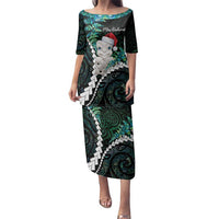New Zealand Personalised Family Matching Puletasi and Hawaiian Shirt Meri Kirihimete Kowhaiwhai Mix Paua Shell - Emerald LT7 Mom's Dress Green - Polynesian Pride