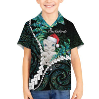 New Zealand Personalised Family Matching Summer Maxi Dress and Hawaiian Shirt Meri Kirihimete Kowhaiwhai Mix Paua Shell - Emerald LT7 Son's Shirt Green - Polynesian Pride