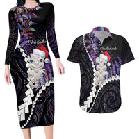 New Zealand Personalised Couples Matching Long Sleeve Bodycon Dress and Hawaiian Shirt Meri Kirihimete Kowhaiwhai Mix Paua Shell - Amethys LT7 Purple - Polynesian Pride