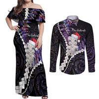 New Zealand Personalised Couples Matching Off Shoulder Maxi Dress and Long Sleeve Button Shirt Meri Kirihimete Kowhaiwhai Mix Paua Shell - Amethys LT7 Purple - Polynesian Pride