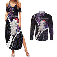 New Zealand Personalised Couples Matching Summer Maxi Dress and Long Sleeve Button Shirt Meri Kirihimete Kowhaiwhai Mix Paua Shell - Amethys LT7 Purple - Polynesian Pride