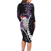 New Zealand Personalised Family Matching Long Sleeve Bodycon Dress and Hawaiian Shirt Meri Kirihimete Kowhaiwhai Mix Paua Shell - Amethys LT7 - Polynesian Pride
