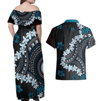 Bula Fiji Women's Day Couples Matching Off Shoulder Maxi Dress and Hawaiian Shirt Indigo Masi Tapa