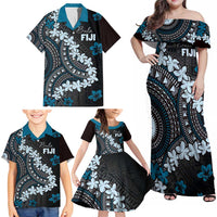 Bula Fiji Women's Day Family Matching Off Shoulder Maxi Dress and Hawaiian Shirt Indigo Masi Tapa LT7 - Polynesian Pride