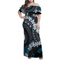 Bula Fiji Women's Day Family Matching Off Shoulder Maxi Dress and Hawaiian Shirt Indigo Masi Tapa LT7 Mom's Dress Indigo - Polynesian Pride