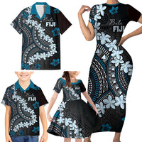 Bula Fiji Women's Day Family Matching Short Sleeve Bodycon Dress and Hawaiian Shirt Indigo Masi Tapa LT7 - Polynesian Pride