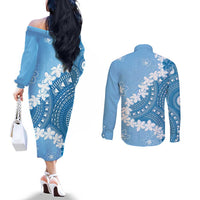 Bula Fiji Women's Day Couples Matching Off The Shoulder Long Sleeve Dress and Long Sleeve Button Shirt Turquoise Masi Tapa