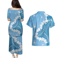 Bula Fiji Women's Day Couples Matching Puletasi and Hawaiian Shirt Turquoise Masi Tapa