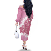 Bula Fiji Women's Day Family Matching Off The Shoulder Long Sleeve Dress and Hawaiian Shirt Pink Masi Tapa