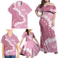 Bula Fiji Women's Day Family Matching Off Shoulder Maxi Dress and Hawaiian Shirt Pink Masi Tapa LT7 - Polynesian Pride