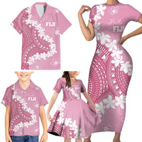 Bula Fiji Women's Day Family Matching Short Sleeve Bodycon Dress and Hawaiian Shirt Pink Masi Tapa LT7 - Polynesian Pride