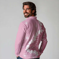 Bula Fiji Women's Day Long Sleeve Polo Shirt Pink Masi Tapa