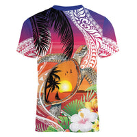 Polynesian Dreamy Turtle Women V-Neck T-Shirt Sunset Scenery