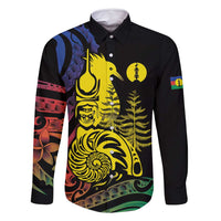 New Caledonia Kanaky Family Matching Long Sleeve Bodycon Dress and Hawaiian Shirt Stylized Fleche Faitiere With Kagu Bird LT7 Dad's Shirt - Long Sleeve Black - Polynesian Pride