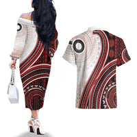 Bula Fiji Vintage Tapa Couples Matching Off The Shoulder Long Sleeve Dress and Hawaiian Shirt Kaivity Masi Wave Motifs - Red LT7 - Polynesian Pride