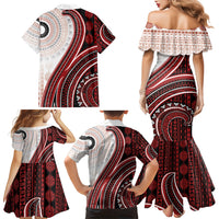 Bula Fiji Vintage Tapa Family Matching Mermaid Dress and Hawaiian Shirt Kaivity Masi Wave Motifs - Red LT7 - Polynesian Pride