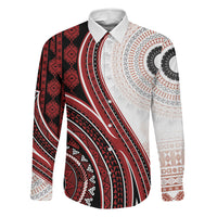 Bula Fiji Vintage Tapa Family Matching Off Shoulder Maxi Dress and Hawaiian Shirt Kaivity Masi Wave Motifs - Red LT7 Dad's Shirt - Long Sleeve Red - Polynesian Pride