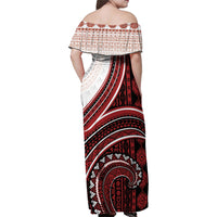 Bula Fiji Vintage Tapa Family Matching Off Shoulder Maxi Dress and Hawaiian Shirt Kaivity Masi Wave Motifs - Red LT7 - Polynesian Pride
