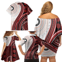 Bula Fiji Vintage Tapa Family Matching Off Shoulder Short Dress and Hawaiian Shirt Kaivity Masi Wave Motifs - Red LT7 - Polynesian Pride