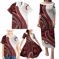 Bula Fiji Vintage Tapa Family Matching Puletasi and Hawaiian Shirt Kaivity Masi Wave Motifs - Red LT7 - Polynesian Pride
