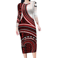 Bula Fiji Vintage Tapa Long Sleeve Bodycon Dress Kaivity Masi Wave Motifs - Red