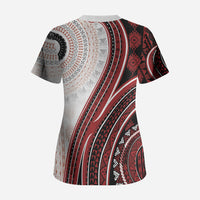 Bula Fiji Vintage Tapa Scrub Top Kaivity Masi Wave Motifs - Red