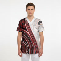 Bula Fiji Vintage Tapa Scrub Top Kaivity Masi Wave Motifs - Red