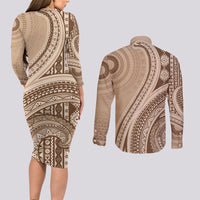 Bula Fiji Vintage Tapa Couples Matching Long Sleeve Bodycon Dress and Long Sleeve Button Shirt Kaivity Masi Wave Motifs - Mocha LT7 - Polynesian Pride