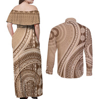 Bula Fiji Vintage Tapa Couples Matching Off Shoulder Maxi Dress and Long Sleeve Button Shirt Kaivity Masi Wave Motifs - Mocha
