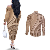 Bula Fiji Vintage Tapa Couples Matching Off The Shoulder Long Sleeve Dress and Long Sleeve Button Shirt Kaivity Masi Wave Motifs - Mocha LT7 - Polynesian Pride