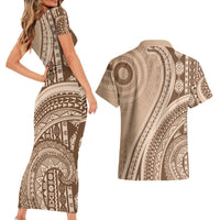 Bula Fiji Vintage Tapa Couples Matching Short Sleeve Bodycon Dress and Hawaiian Shirt Kaivity Masi Wave Motifs - Mocha LT7 - Polynesian Pride