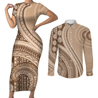 Bula Fiji Vintage Tapa Couples Matching Short Sleeve Bodycon Dress and Long Sleeve Button Shirt Kaivity Masi Wave Motifs - Mocha LT7 Beige - Polynesian Pride