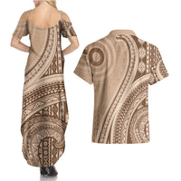 Bula Fiji Vintage Tapa Couples Matching Summer Maxi Dress and Hawaiian Shirt Kaivity Masi Wave Motifs - Mocha LT7 - Polynesian Pride