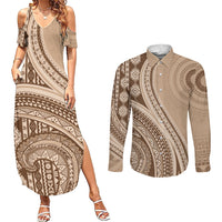 Bula Fiji Vintage Tapa Couples Matching Summer Maxi Dress and Long Sleeve Button Shirt Kaivity Masi Wave Motifs - Mocha