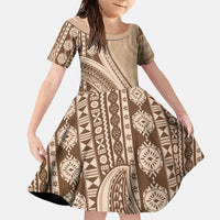 Bula Fiji Vintage Tapa Family Matching Mermaid Dress and Hawaiian Shirt Kaivity Masi Wave Motifs - Mocha LT7 Daughter's Dress Beige - Polynesian Pride