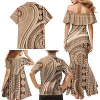 Bula Fiji Vintage Tapa Family Matching Mermaid Dress and Hawaiian Shirt Kaivity Masi Wave Motifs - Mocha LT7 - Polynesian Pride