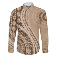Bula Fiji Vintage Tapa Family Matching Off Shoulder Short Dress and Hawaiian Shirt Kaivity Masi Wave Motifs - Mocha LT7 Dad's Shirt - Long Sleeve Beige - Polynesian Pride
