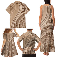 Bula Fiji Vintage Tapa Family Matching Tank Maxi Dress and Hawaiian Shirt Kaivity Masi Wave Motifs - Mocha LT7 - Polynesian Pride