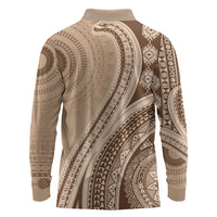 Bula Fiji Vintage Tapa Long Sleeve Polo Shirt Kaivity Masi Wave Motifs - Mocha