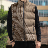 Bula Fiji Vintage Tapa Sleeveless Puffer Jacket Kaivity Masi Wave Motifs - Mocha