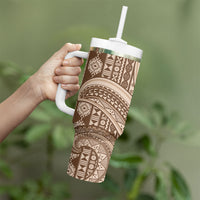 Bula Fiji Vintage Tapa Tumbler With Handle Kaivity Masi Wave Motifs - Mocha