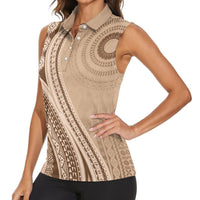 Bula Fiji Vintage Tapa Women Sleeveless Polo Shirt Kaivity Masi Wave Motifs - Mocha