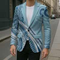 Bula Fiji Vintage Tapa Blazer Kaivity Masi Wave Motifs - Turquoise