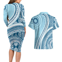 Bula Fiji Vintage Tapa Couples Matching Long Sleeve Bodycon Dress and Hawaiian Shirt Kaivity Masi Wave Motifs - Turquoise LT7 - Polynesian Pride