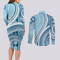 Bula Fiji Vintage Tapa Couples Matching Long Sleeve Bodycon Dress and Long Sleeve Button Shirt Kaivity Masi Wave Motifs - Turquoise LT7 - Polynesian Pride