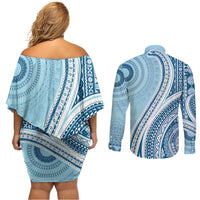 Bula Fiji Vintage Tapa Couples Matching Off Shoulder Short Dress and Long Sleeve Button Shirt Kaivity Masi Wave Motifs - Turquoise