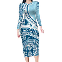 Bula Fiji Vintage Tapa Family Matching Long Sleeve Bodycon Dress and Hawaiian Shirt Kaivity Masi Wave Motifs - Turquoise LT7 Mom's Dress Turquoise - Polynesian Pride
