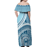 Bula Fiji Vintage Tapa Off Shoulder Maxi Dress Kaivity Masi Wave Motifs - Turquoise