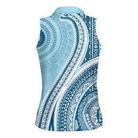 Bula Fiji Vintage Tapa Women Sleeveless Polo Shirt Kaivity Masi Wave Motifs - Turquoise